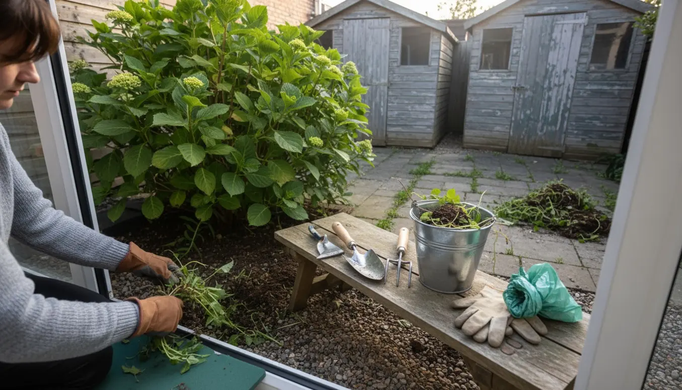 Nærbillede af handskerede hænder, der fjerner ukrudt ved en busks rod i en lille baggård med to små skure i baggrunden.