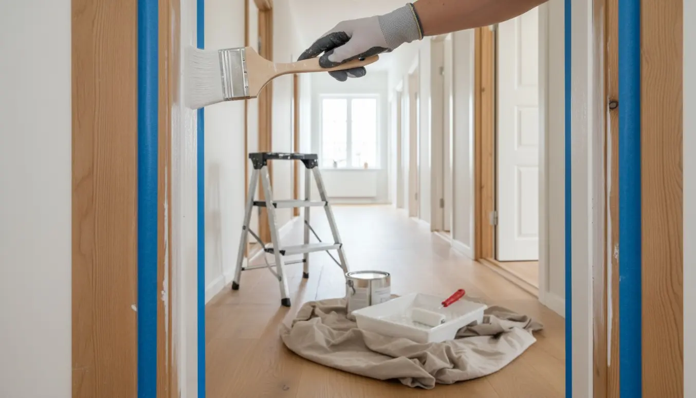 Hænder maler trækarme hvide i en lys skandinavisk gang med malergrej og afdækningsdug.