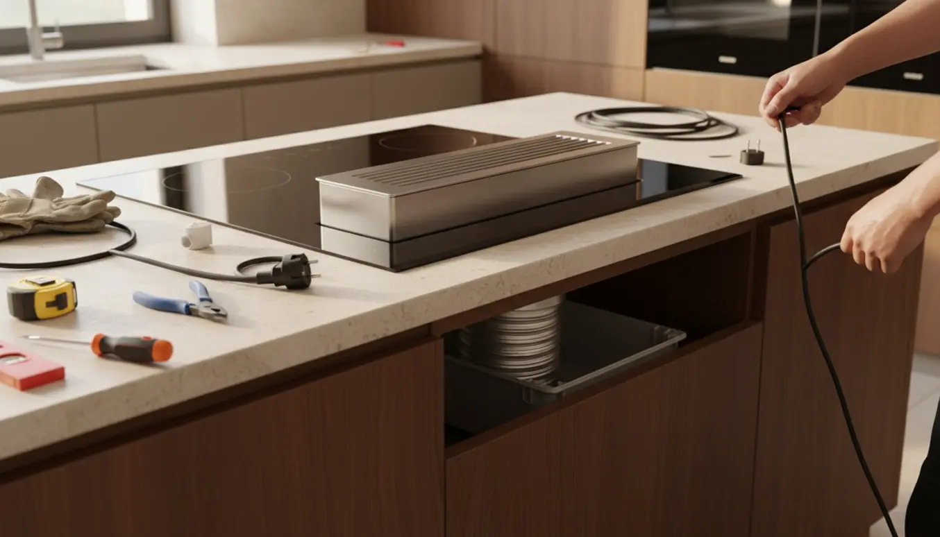 Delvist monteret induktionskogeplade med integreret emhætte i en køkkenø, hænder holder strømledning ved en åben installationsboks.