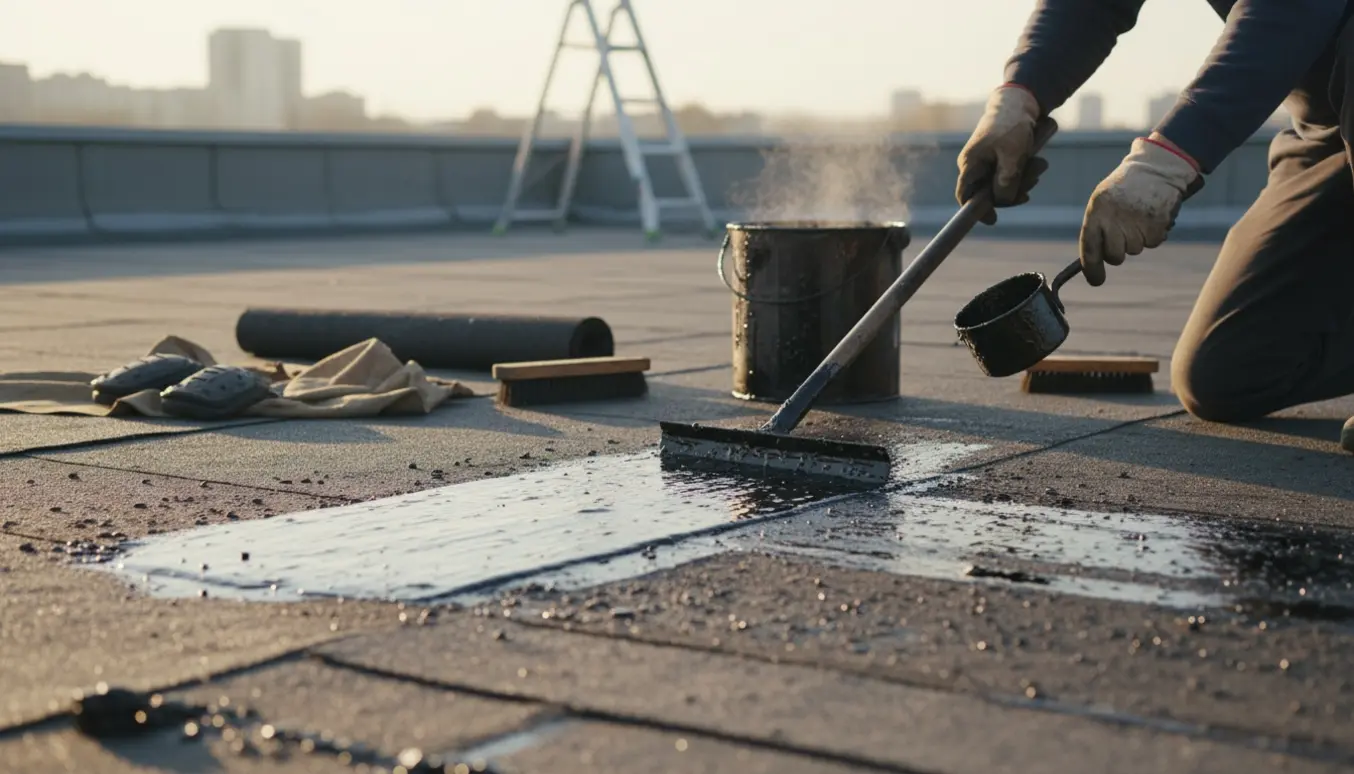 Tagdækker på et fladt, gammelt paptag i færd med at påføre varm tjære og tætne revner.
