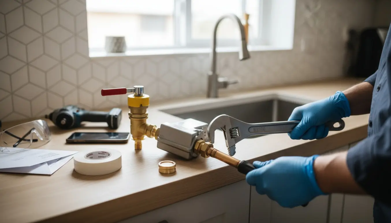 Nærbillede af afmontering af en gasmåler i et køkken med handsker og værktøj.