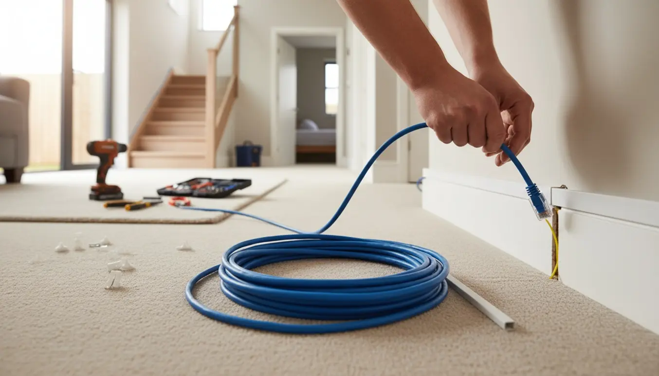 Hænder trækker et netværkskabel fra stuen op ad trappen mod et værelse med værktøj og kabelskinner klar.