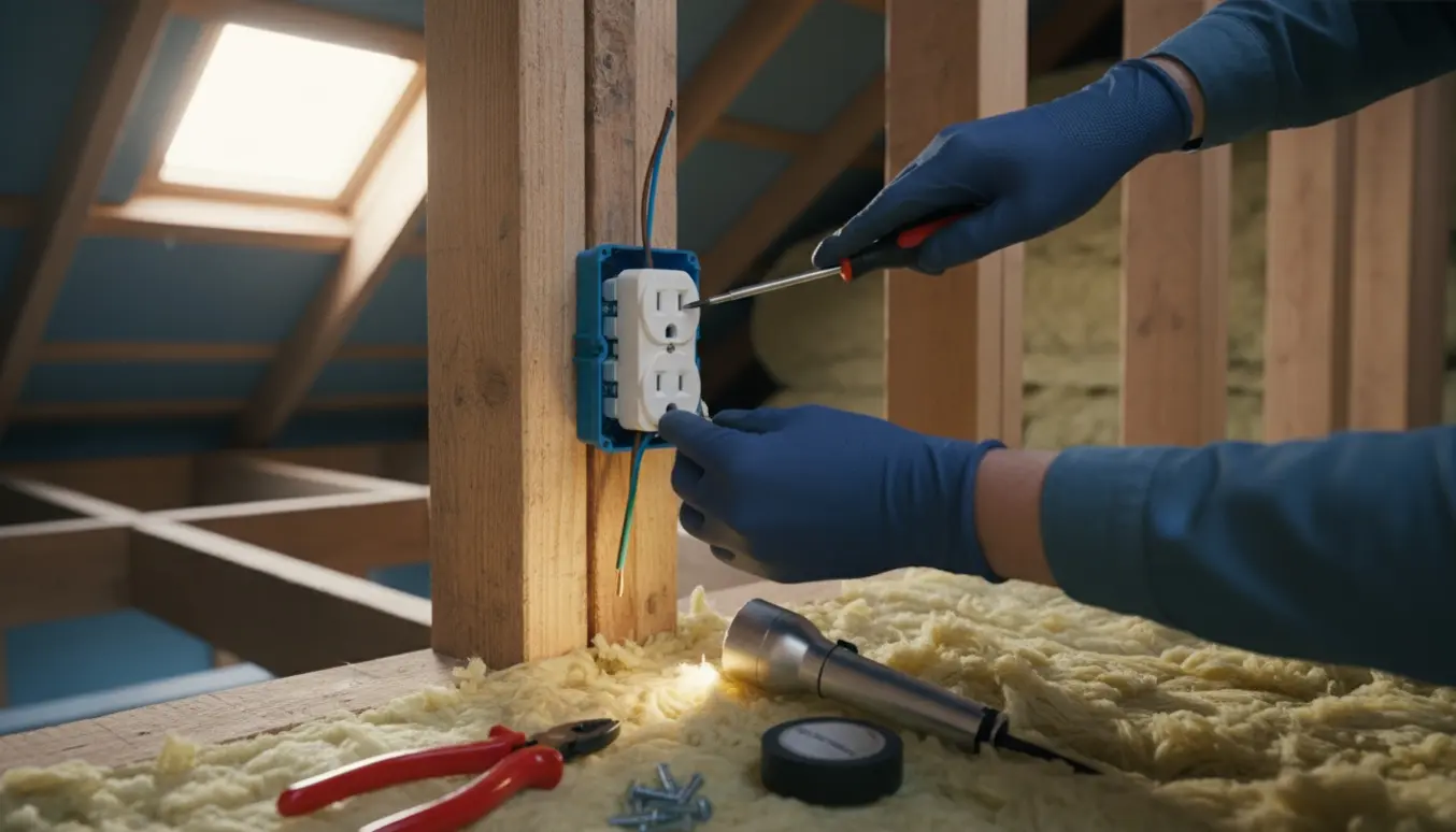Hænder monterer en stikkontakt i en skunk med synlige ledninger og værktøj.