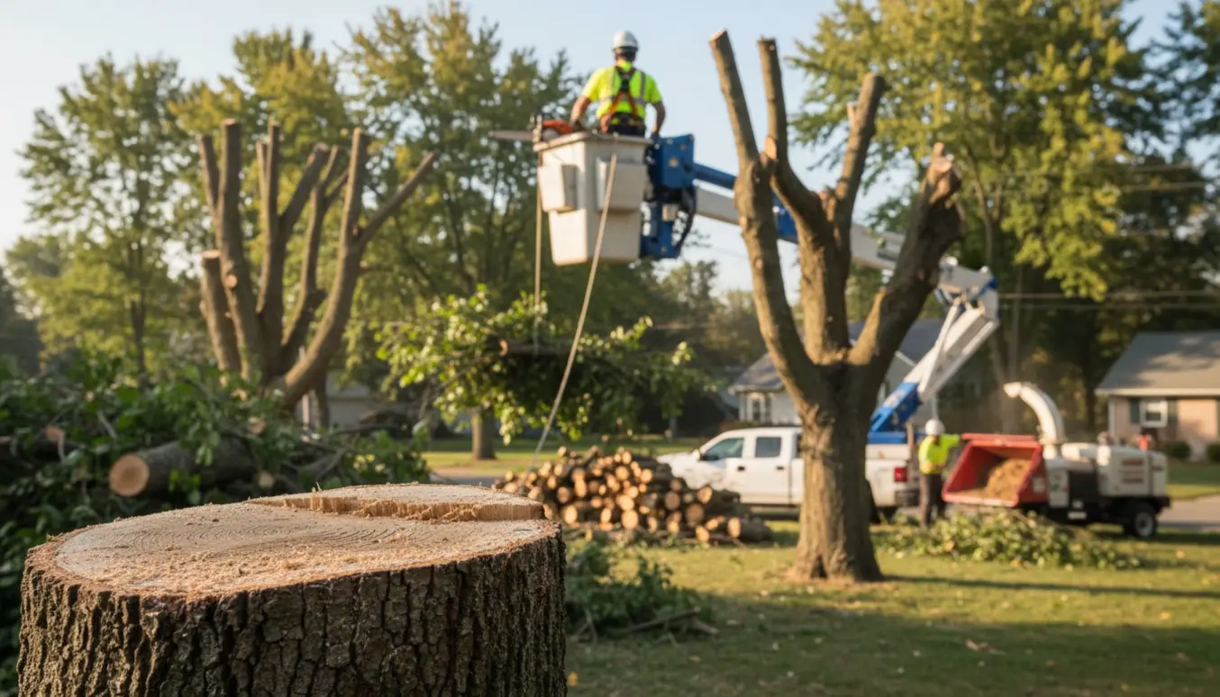 Arborist i lift topper flere træer, mens afskårne grene samles og læsses til bortskaffelse.