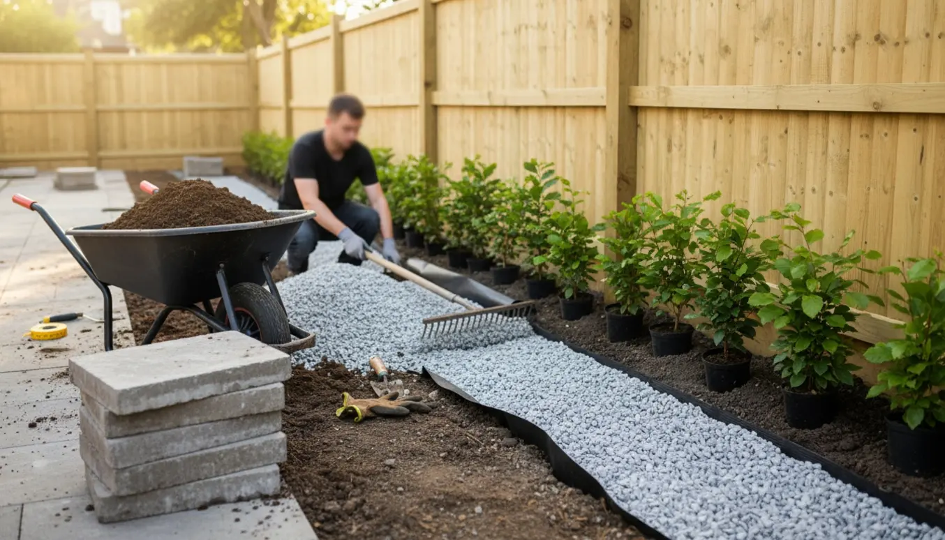 Nærbillede af havearbejde med fjernede fliser, plantning af bøgehæk og udlægning af ukrudtsdug og granitskærver langs et nyt hegn.