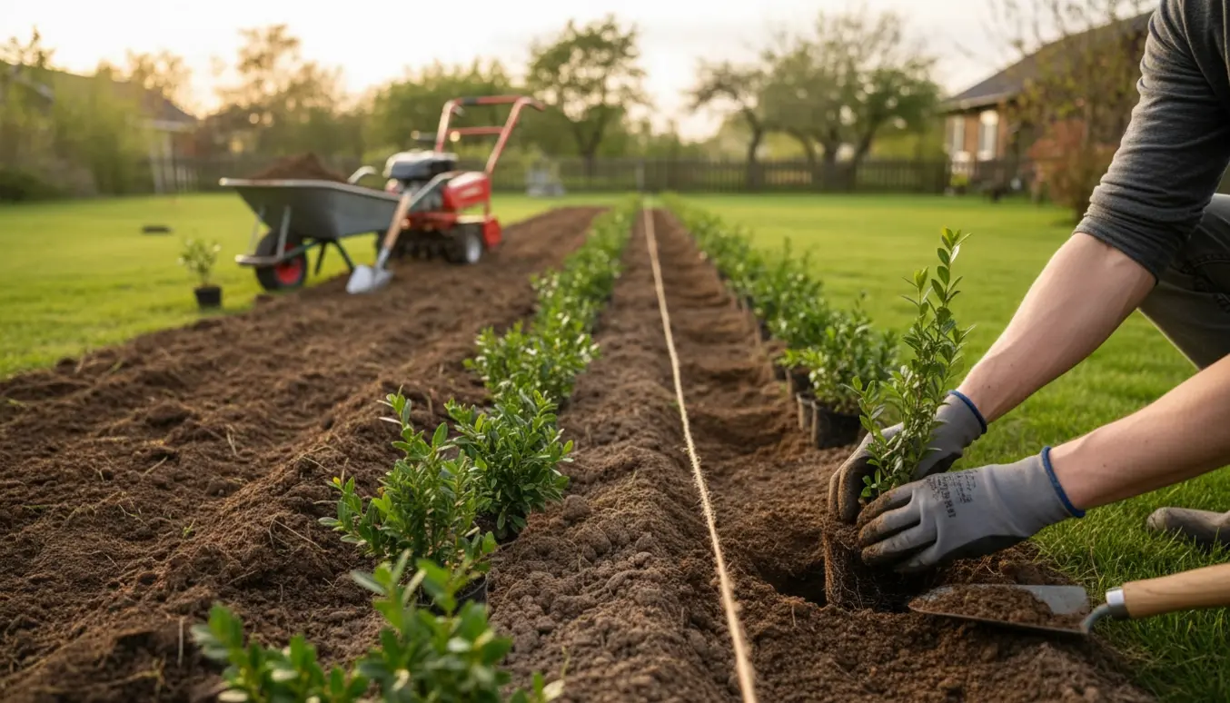 Plantning af ligusterhæk i have med rækker af små planter og en fræser i baggrunden.