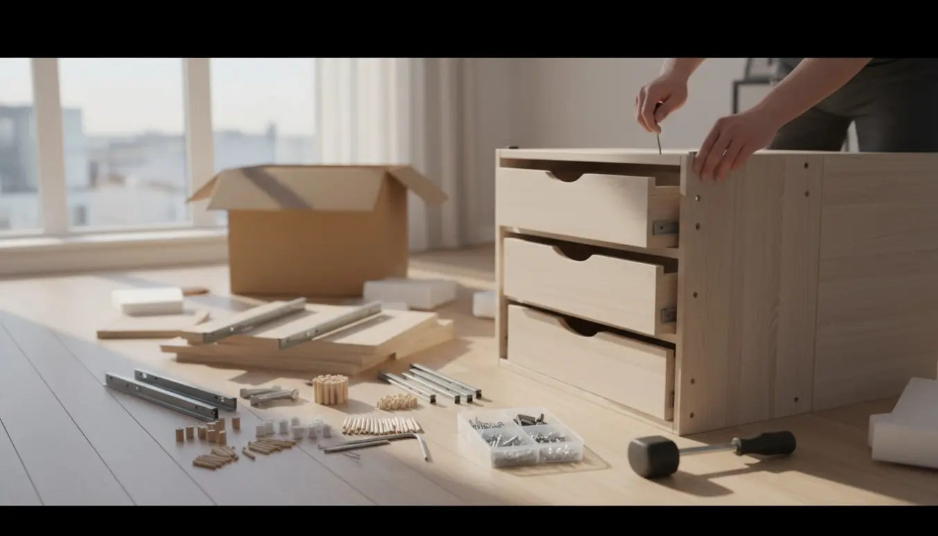 Hænder samler en fladpakket kommode med træpaneler, skruer og værktøj på et lyst stuegulv.
