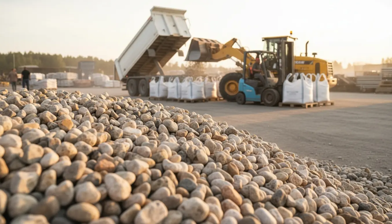 Stor bunke nøddesten 16/32 ved en leveringsplads med lastbil og læssemaskine i baggrunden.