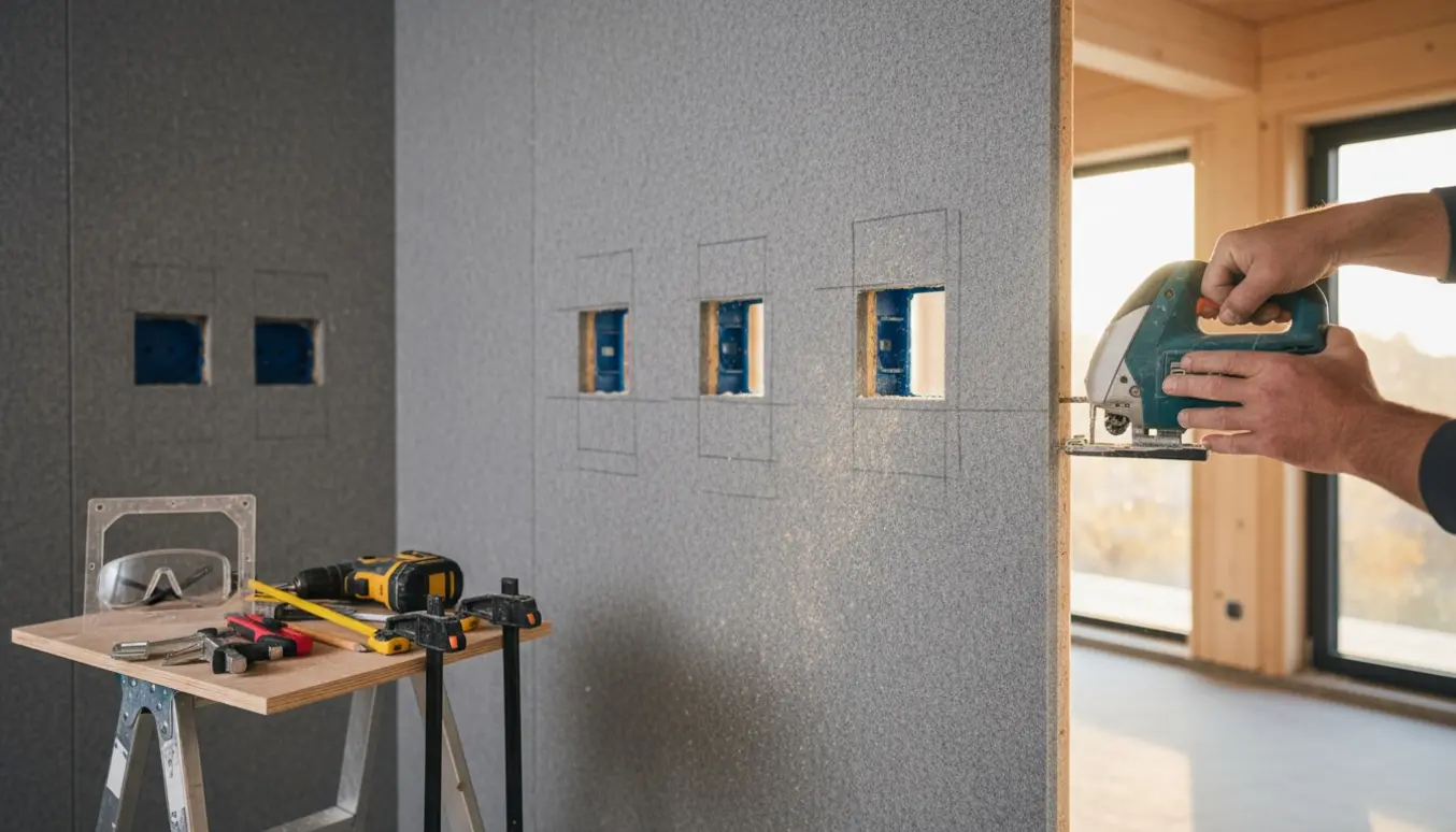 Nærbillede af hænder der saver ud til tre stikkontakter i et akustikpanel på en væg.