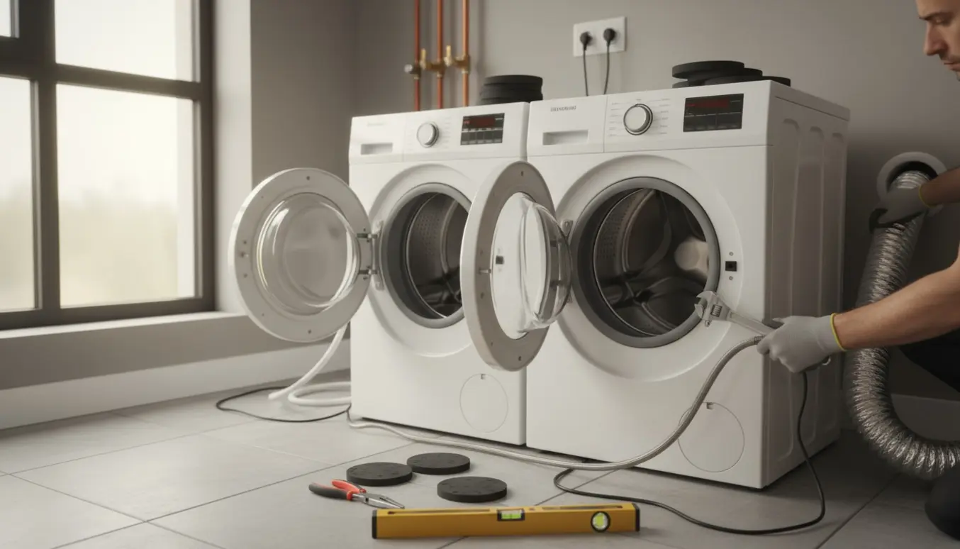 Vaskemaskine og tørretumbler installeres på førstesal i et lyst vaskerum med værktøj og tilslutninger.