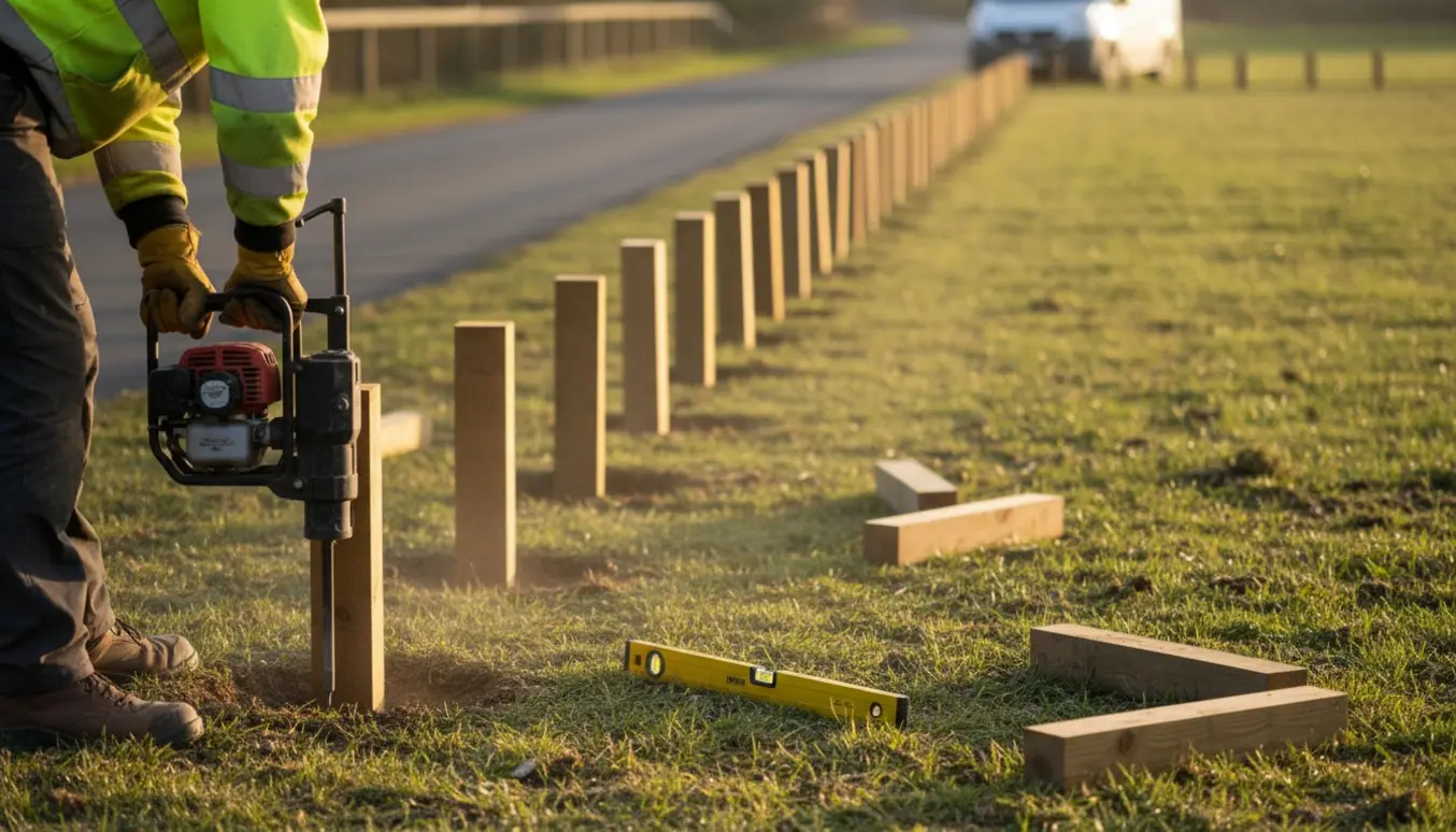Håndværker sætter 10x10 cm pæle i en 20x40 m ridebane langs en græsset kant.