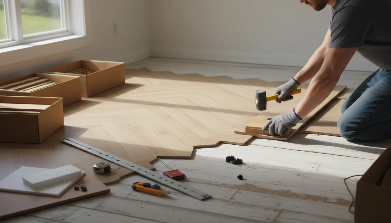 Detaljeret foto af sildebens vinylgulv under installation med værktøj og hænder i et lyst rum.