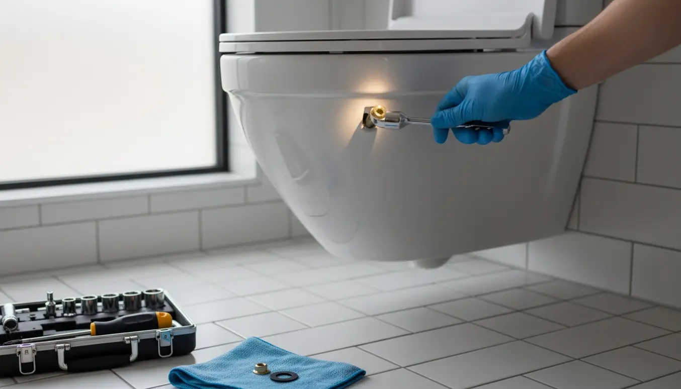 Hånd med skruenøgle ved venstre beslag på et væghængt hvidt toilet, ny møtrik og værktøj ved siden af.