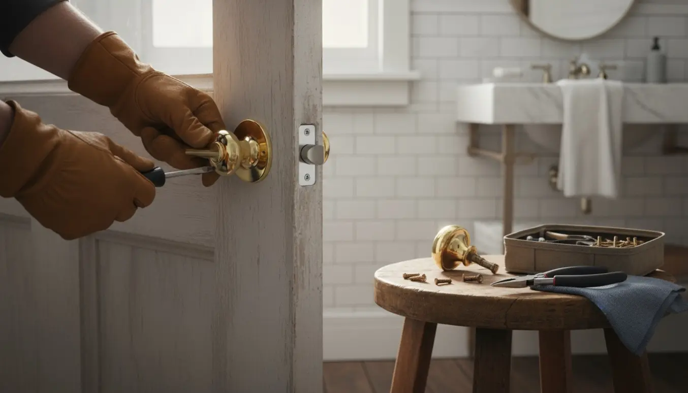 Nærbillede af hænder, der udskifter et gammelt messinghåndtag på en badeværelsesdør med værktøj ved siden af.