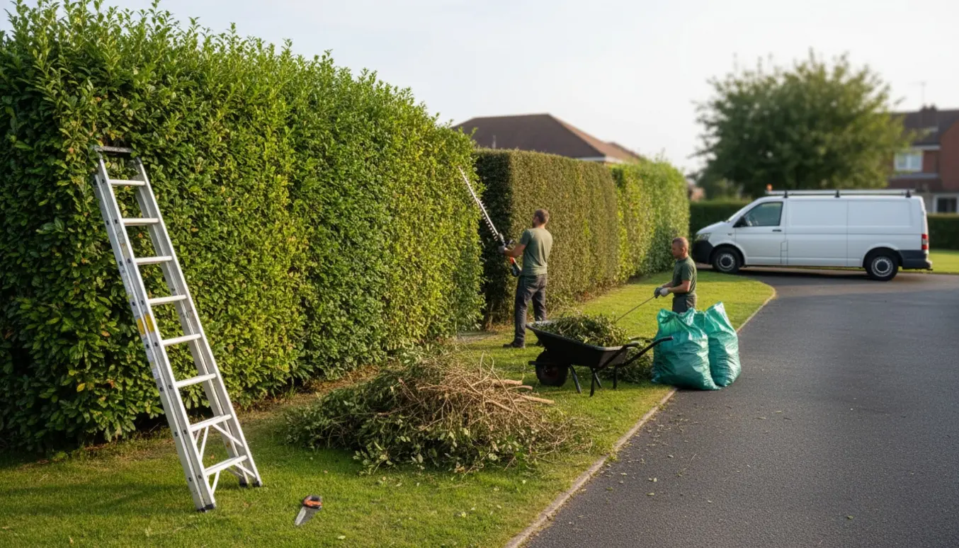 To personer trimmer en ligusterhæk langs indkørslen med afklip samlet i trillebør og affaldsposer.
