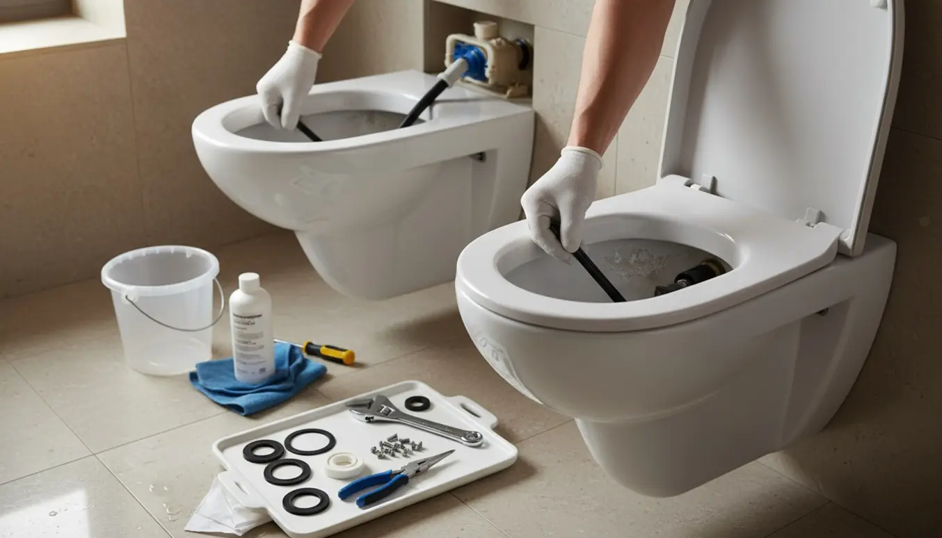 Hænder justerer reservedele i et åbent væghængt og et fritstående toilet med synlige kalkaflejringer.