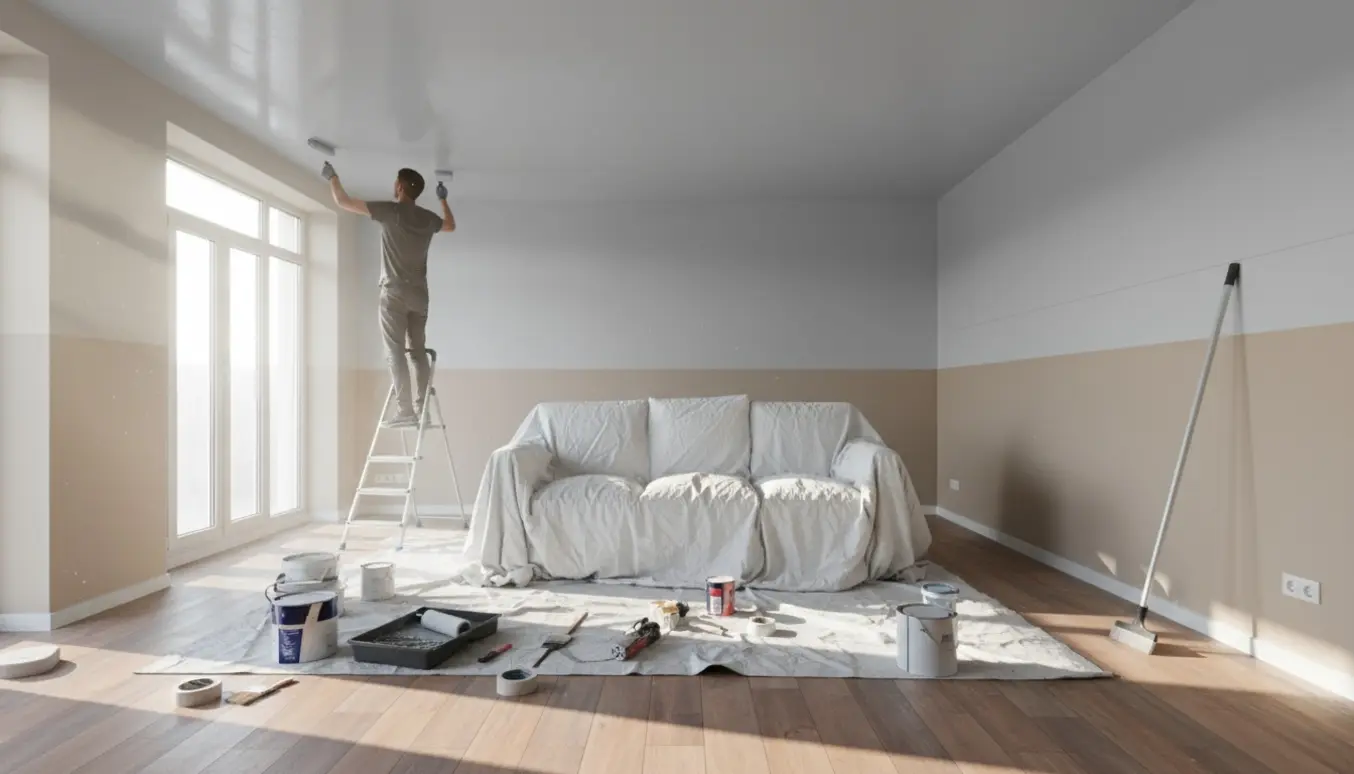 Malearbejde i en lys, rummelig lejlighed med loft og vægge under maling og dækkede møbler.