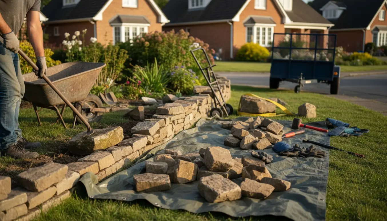Lav stensætning langs vejen bliver delvist fjernet med værktøj og trailer til opladning.