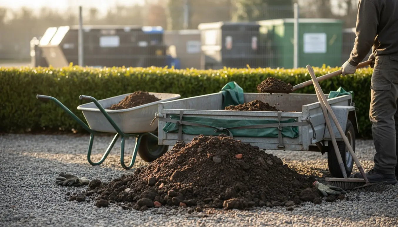 Opgravet jord læsses i en smal trailer ved en hæk klar til bortkørsel.