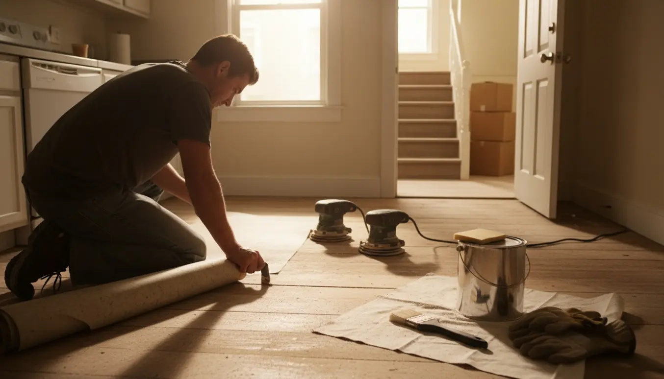 Delvist fjernet linoleum i et køkken med eksponeret trægulv, slibemaskiner, lakdåse og værktøj i naturligt dagslys.