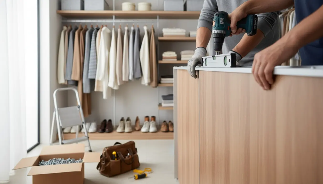 Hænder monterer en skydedør i en walk-in closet med værktøj og åben garderobe i baggrunden.