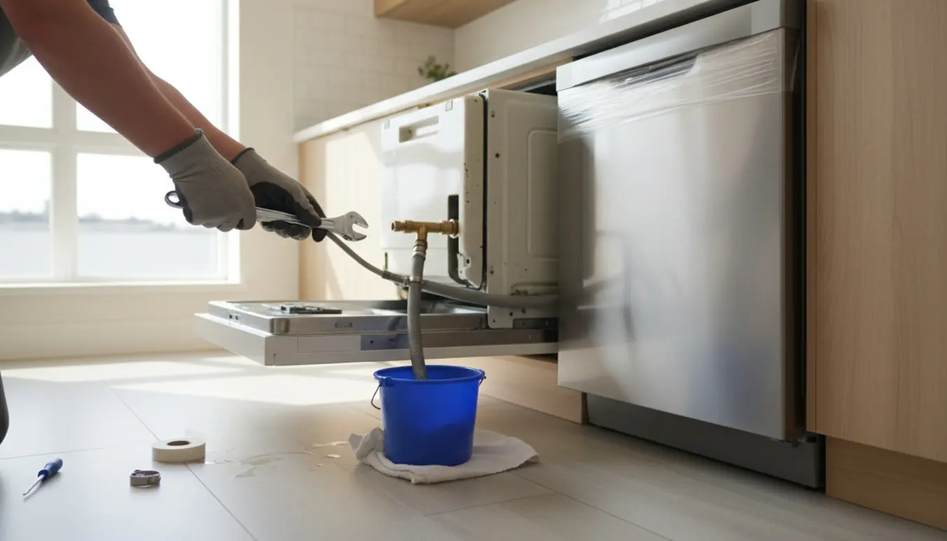 Nærbillede af hænder, der frakobler en opvaskemaskine og monterer en ny i et lyst, moderne køkken.