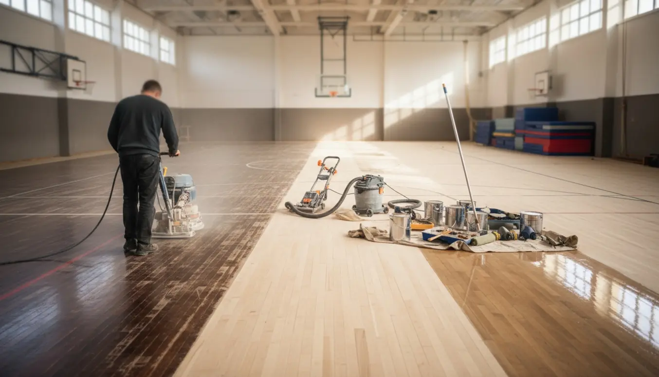 Professionel slibning og lakering af trægulv i en lys gymnastiksal.