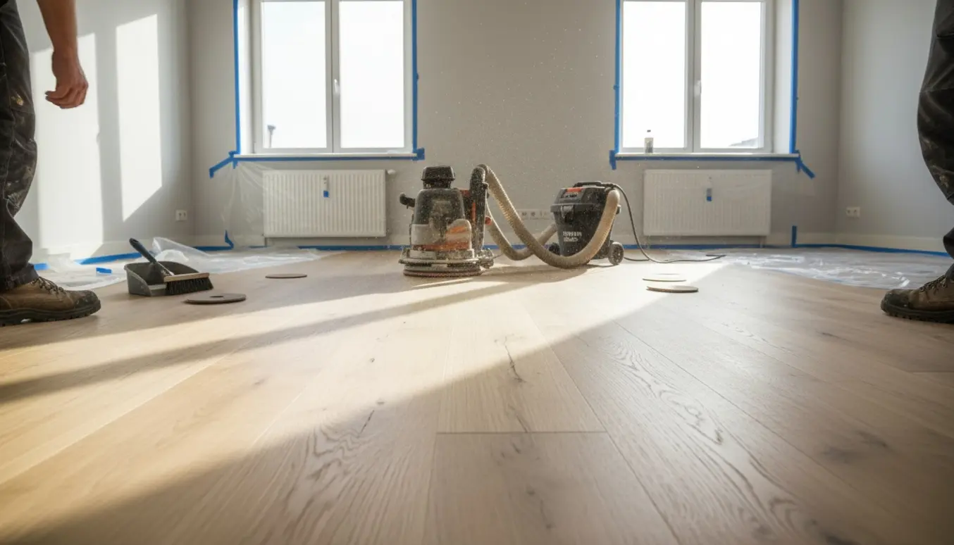 Lyse egetræsplanker i en moderne lejlighed under let slibning med gulvsliber og støvopsuger.