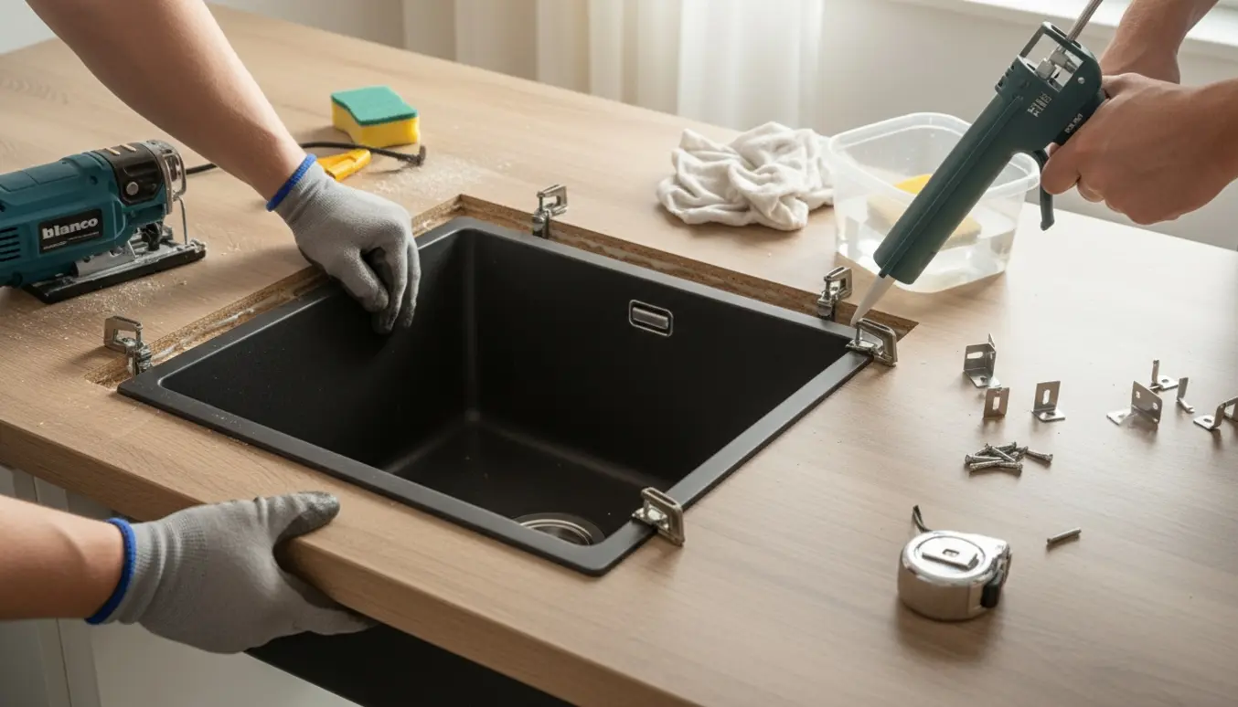 Mat sort Blanco-vask bliver monteret som undersænket under en laminatbordplade i et lyst køkken.