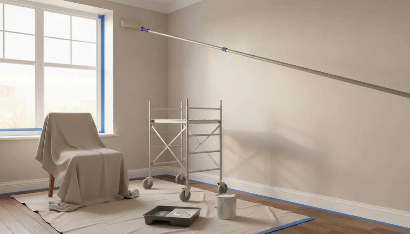 Et højtloftet 9 m² værelse under maling med malerrulle, stige, afdækning og mat hvid maling.