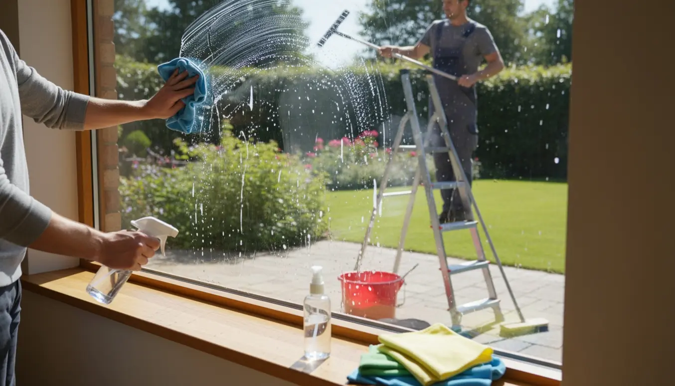 Nogen pudser vinduer indvendigt og udvendigt med skraber og klud, så glasset bliver helt klart.