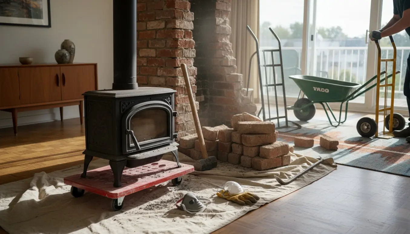 Delvist nedtaget murstensskorsten og en gammel brændeovn på dolly i en 1960'er-stue ved terrassedør, med værktøj og murbrokker.
