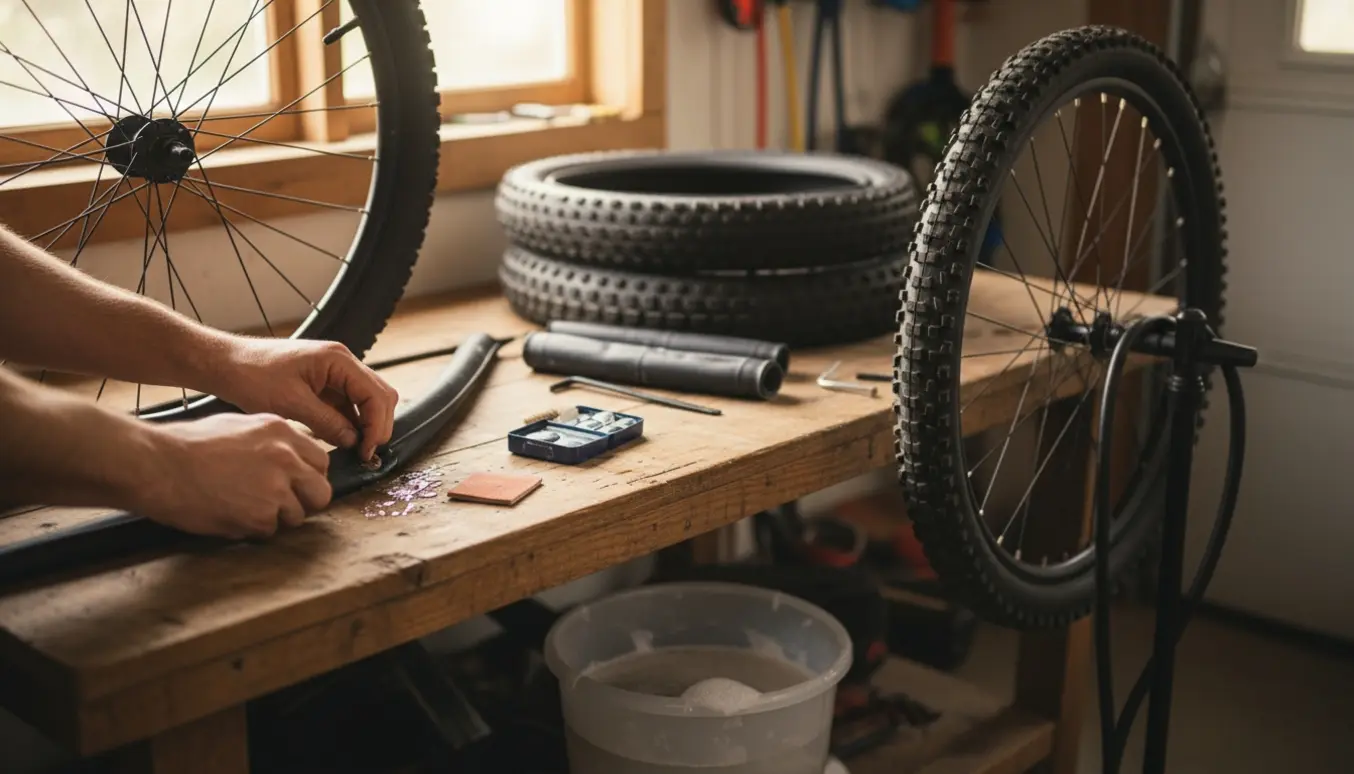 Nærbillede af cykelhjul der lappes med nye dæk og slanger klar på et velbelyst værksted.