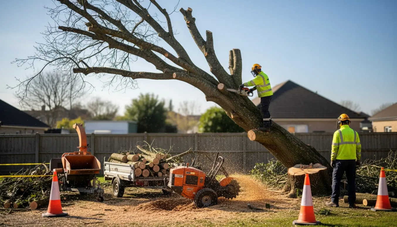 Fældning af træ og rodfræsning i en villahave med stammer og træflis klar til bortkørsel.