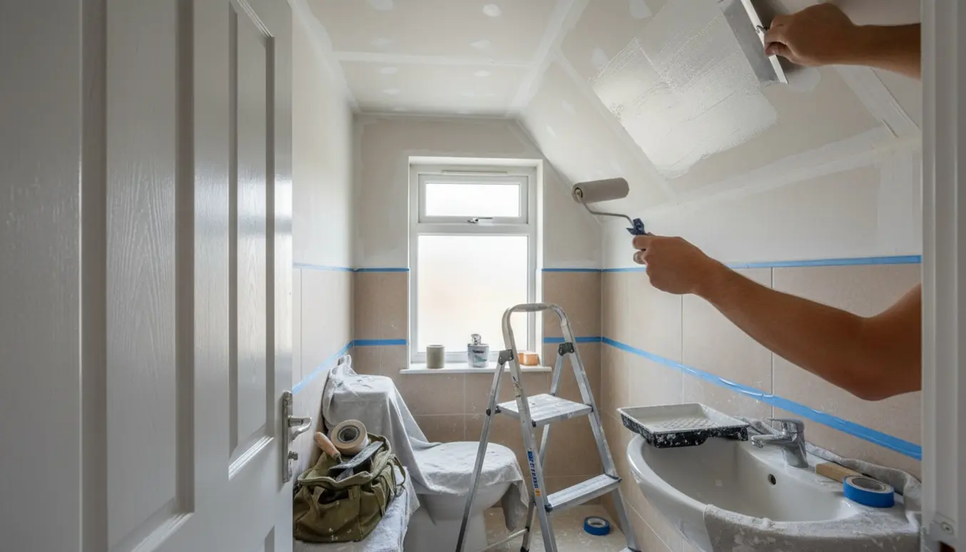 Nærbillede af spartling og maling af nyt gipsloft i et lille badeværelse med værktøj og halvmalet dør.