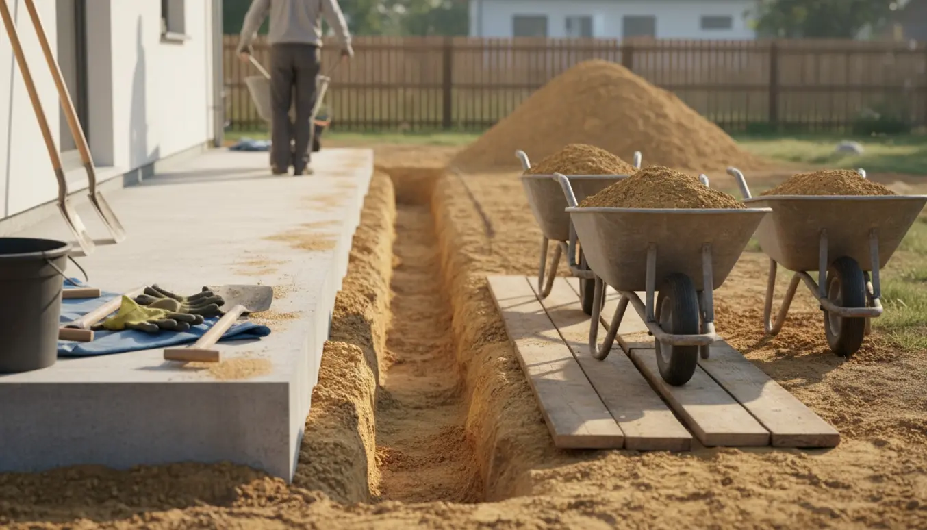 En person skubber en fyldt trillebør fra en 30 cm dyb udgravning langs husets terrændæk mod en sandbunke i haven.