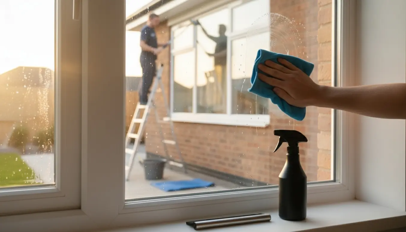 Indvendig hånd tørrer et vindue med mikrofiber, mens en person uden ansigt synligt vasker vinduet udefra fra en stige.