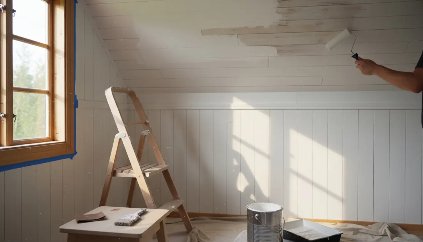 Indvendigt sommerhus med hvide trævægge og en maler, der ruller frisk hvid maling på loftet.