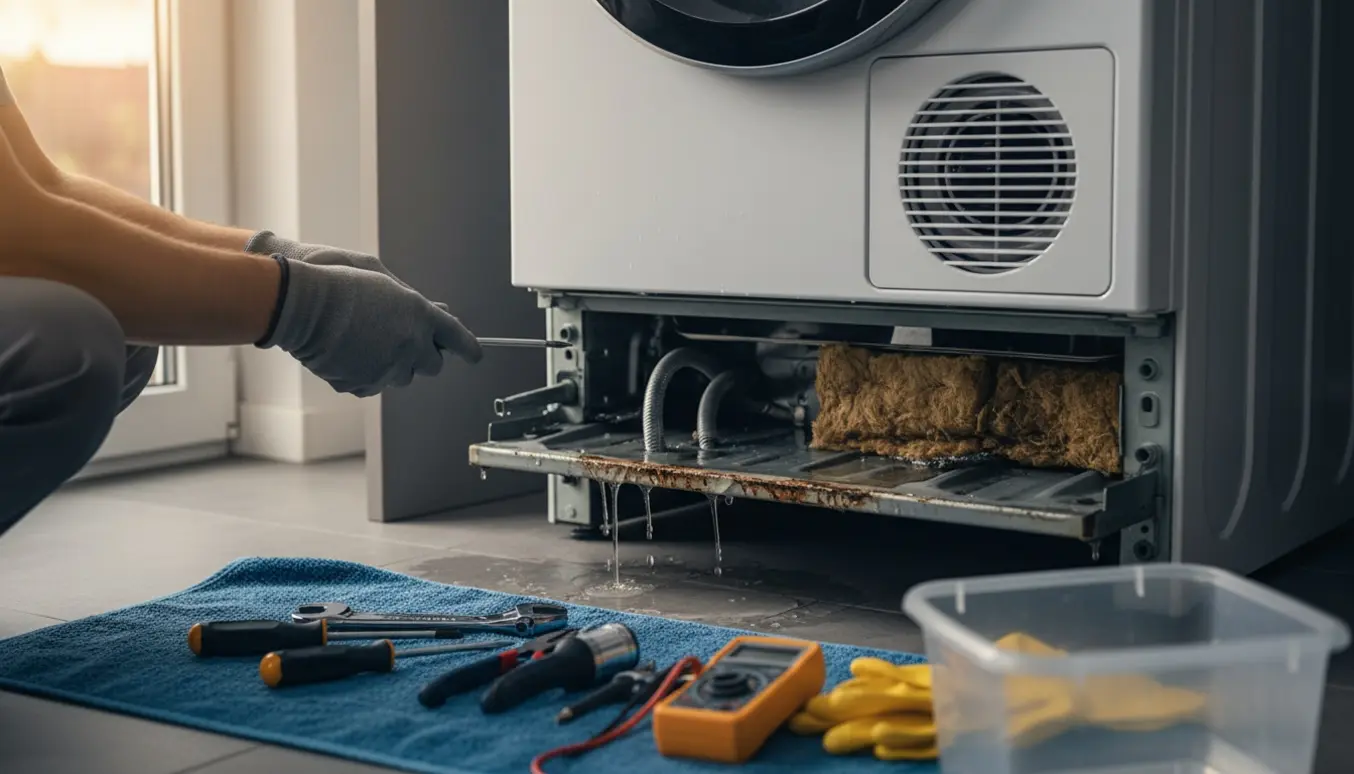 Tekniker inspicerer en åben vaskemaskines bundplade med vand og værktøj i et lille vaskerum.