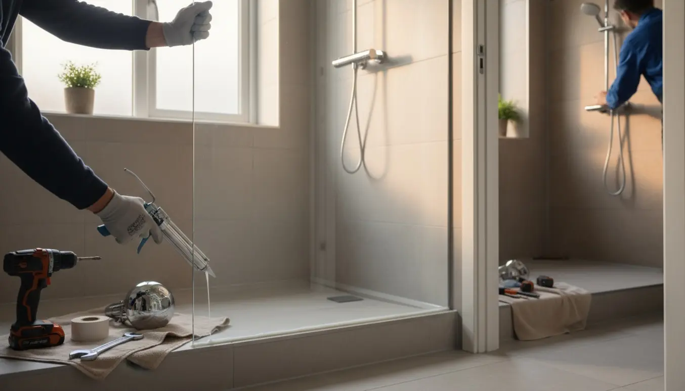 Hænder og værktøj under montering af nye brusere i to tilstødende badeværelser.