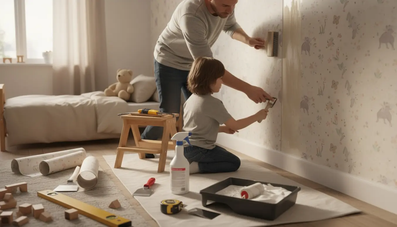 Hænder tapetserer en børneværelsesvæg med mønstret tapet, omgivet af værktøj og forberedte materialer i blødt dagslys.