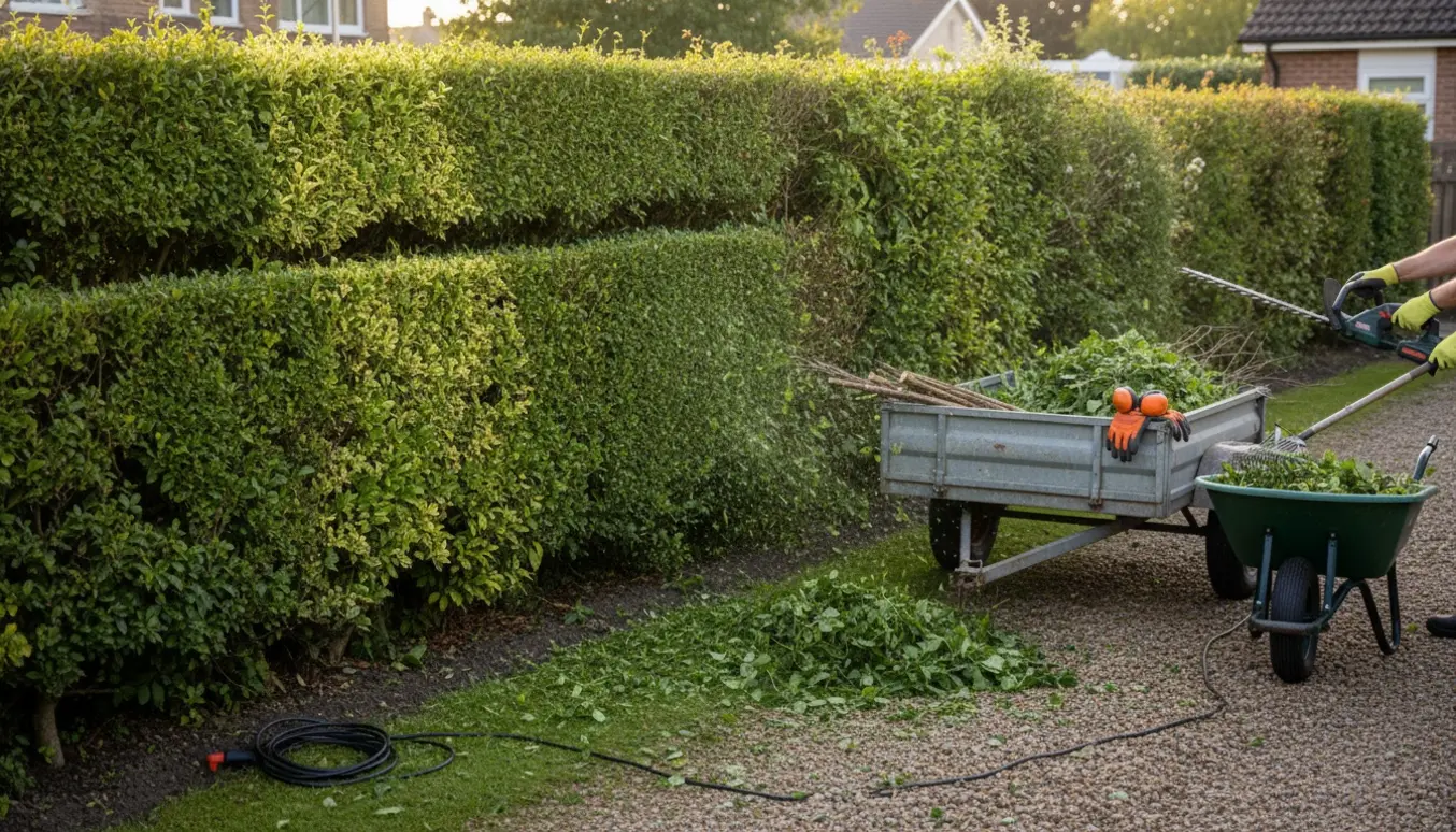 Arbejdshænder klipper en hæk og læsser friske afklip i en trailer i haven.
