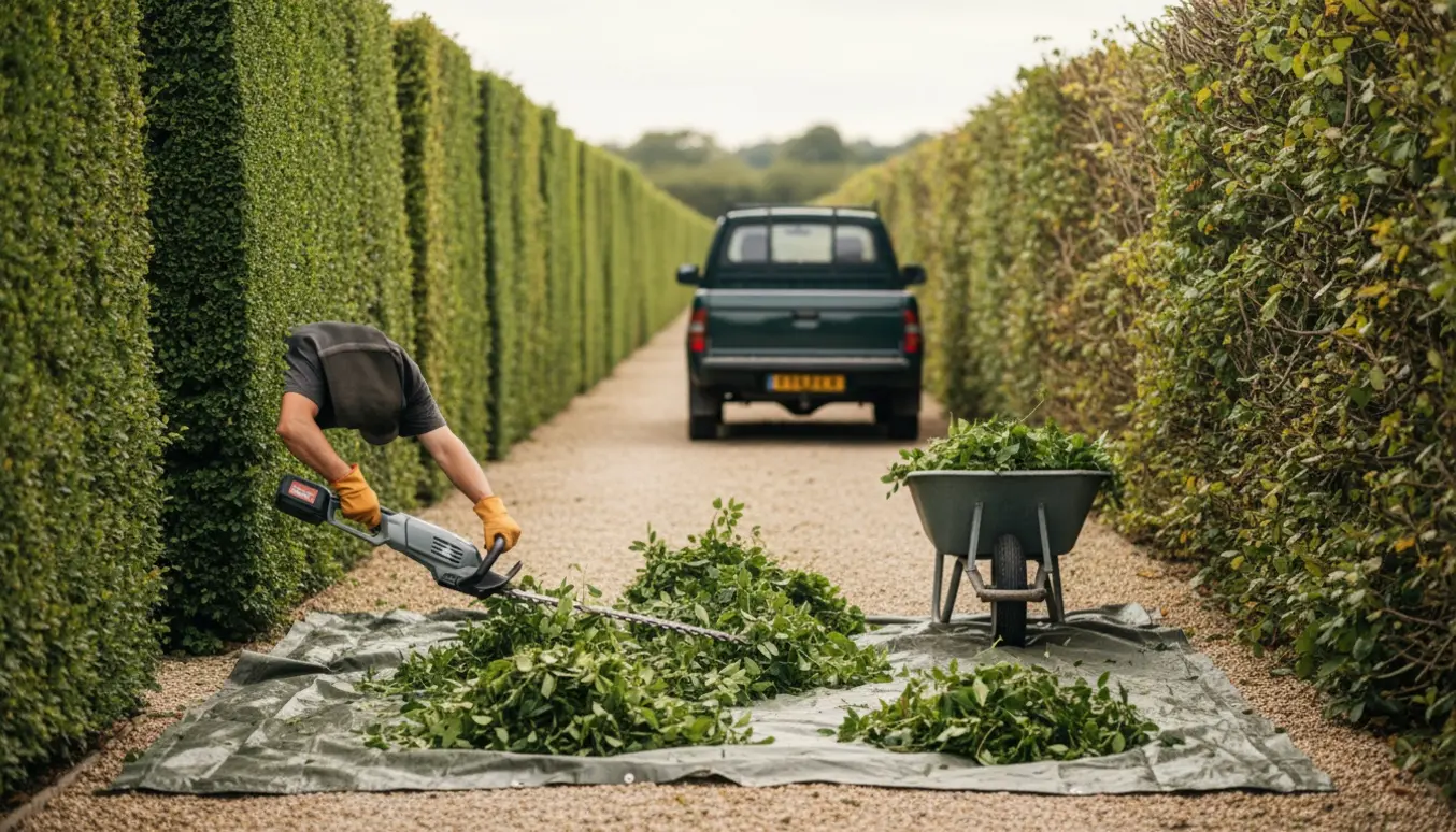 Lang række hække med nyklippede kanter, hækkeklipper, trailer og bunker af afklip klar til bortkørsel.