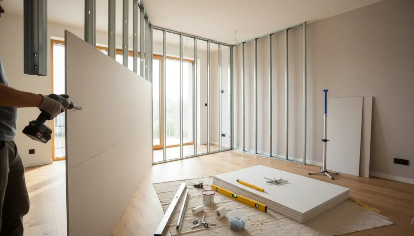 Flytbare gipsvægge i L-form bygges i en lys spisestue med værktøj og materialer tæt ved.