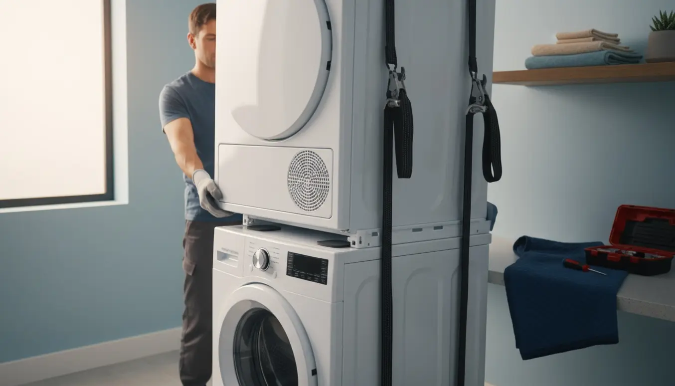 To personer løfter en tørretumbler på plads ovenpå en vaskemaskine i et lyst, moderne bryggers.