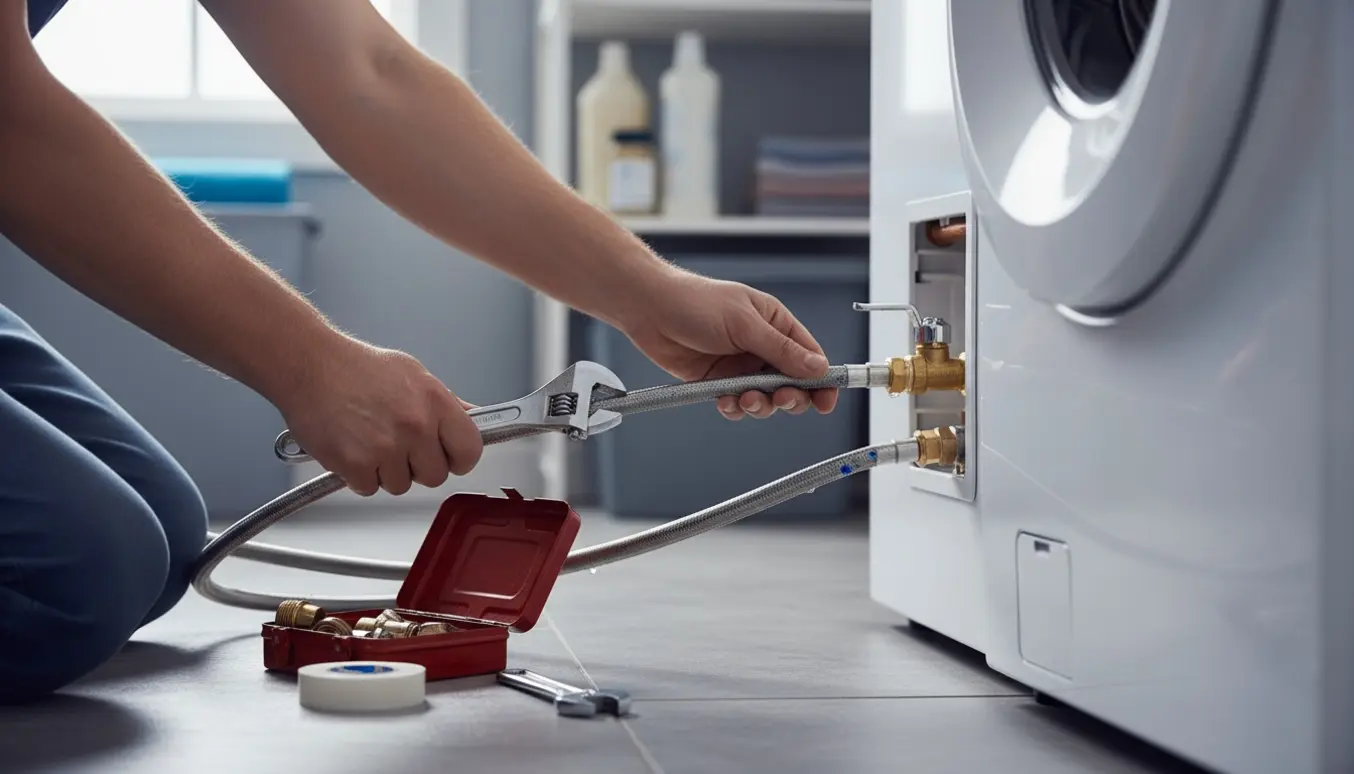 Hænder tilslutter vandforsyning til en vaskemaskine i et lyst, ryddeligt bryggers.