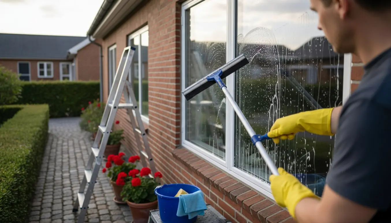 Nærbillede af udvendig vinduespudsning med skraber på forlængerstang foran et dansk boligvindue.