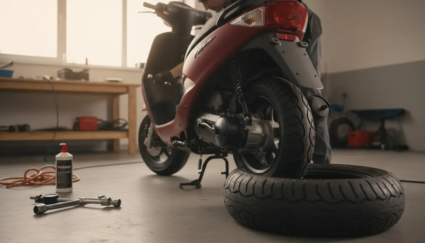 En person skifter bagdækket på en PGO Hot 50 i en garage, kun hænder og værktøj er tydelige.