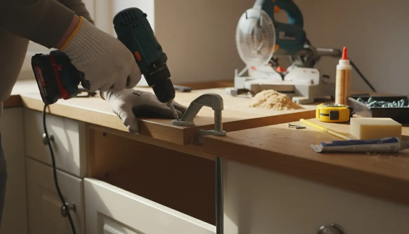 Hænder monterer en ny træbordplade på et gammelt køkkenbord med værktøj og savsmuld i nærheden.