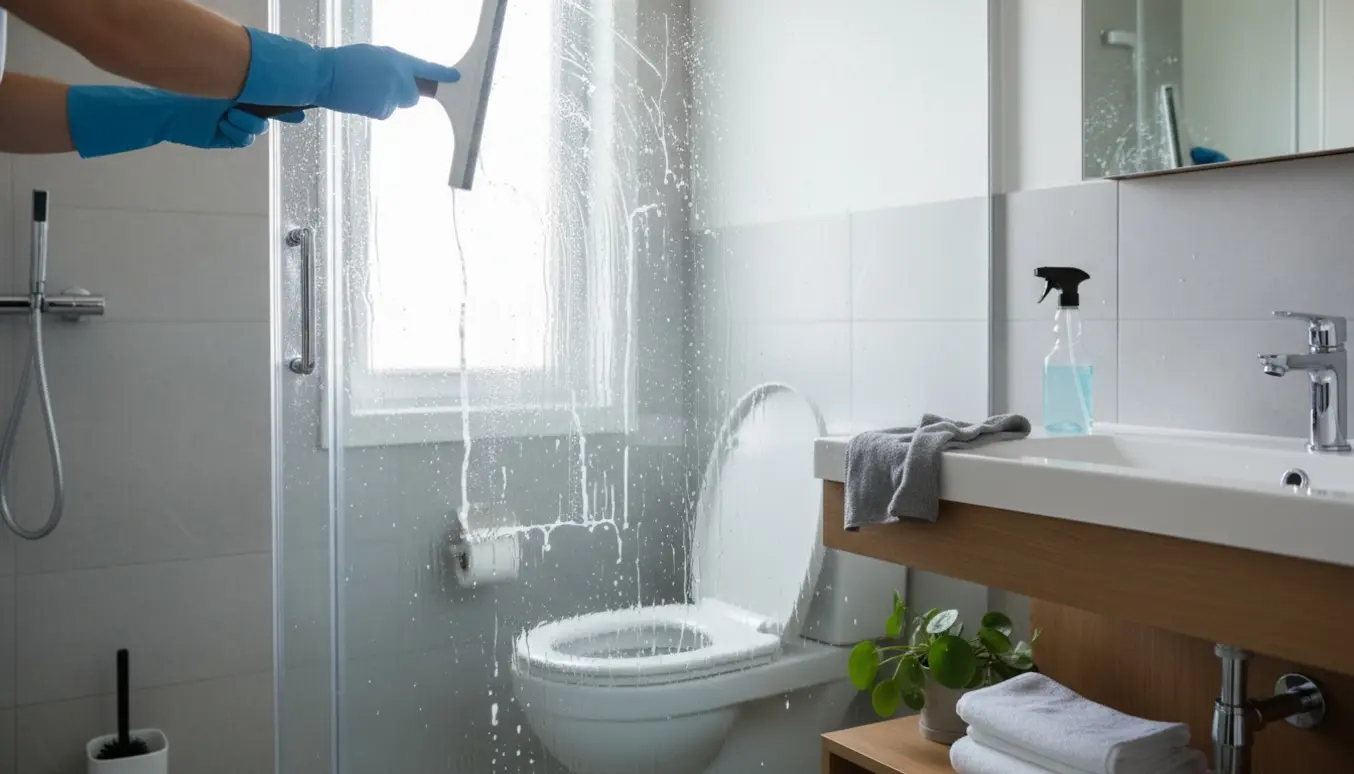 Hænder i gummihandsker aftørger en glasbrusedør i et lyst badeværelse med rengøringsmidler og foldede håndklæder.